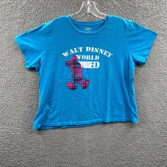 Mickey Mouse‎ Womens Top 1X Blue Walt Disney World Patch Short Sleeve T Shirt - Picture 1 of 9